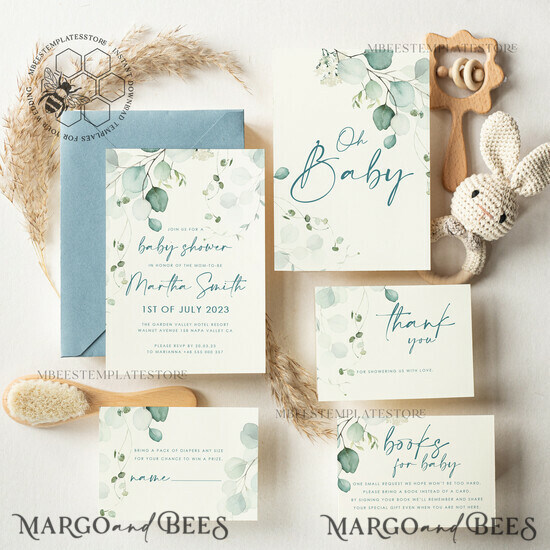 TEMPLETT baby shower Blue Baby Boy Shower Invitation Template download, Simple Baby Shower Boy Invitations Set, Printable Invites Set Home Printing Boho Cards 3/bot/babyshower