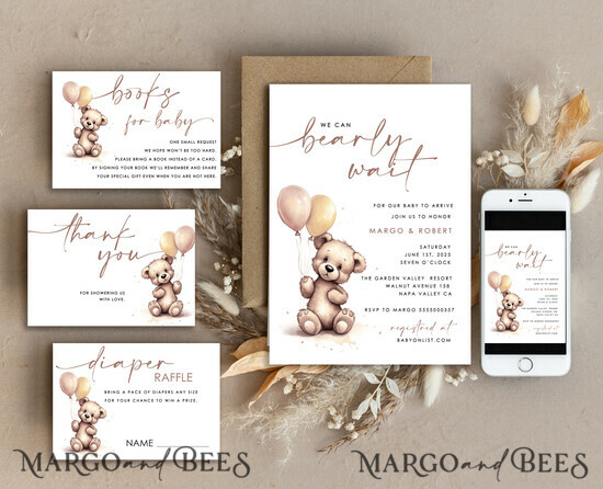 TEMPLETT baby shower Gender Neutral Teddy Bear Baby Shower Invitation Template Set We Can Bearly Wait Diaper Raffle Books, Instant Download Editable Invites 01/teddyB/babyshower