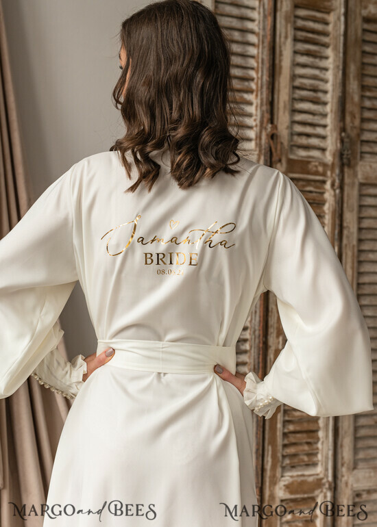 BRIDE bolero, robes, garter Bridal Robes Bridal robe for wedding with bishop sleeves Bride robe Long white or Ivory robe Satin silk boudoir robe Dressing gown 39/NeRM/Robe