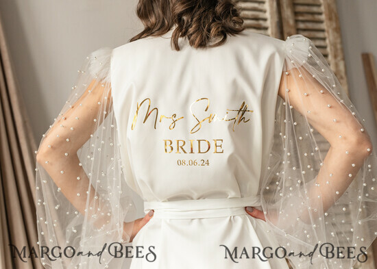 BRIDE bolero, robes, garter Bridal Robes Bridal robe for wedding with wide tulle beaded sleeves Bride robe Long white robe Satin silk tulle pearls boudoir robe Dressing gown Bridesmaid gift 40/NeRM/Robe