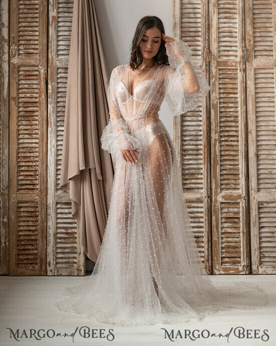 BRIDE bolero, robes, garter Bridal Robes White Tulle with pearls Long Bridal robe for wedding, Tulle Beaded Robe wide sleeves, Mesh Pearls Bride robe Long white robe, boudoir robe Dressing gown Bridesmaid gift 16/NeRM/Robe