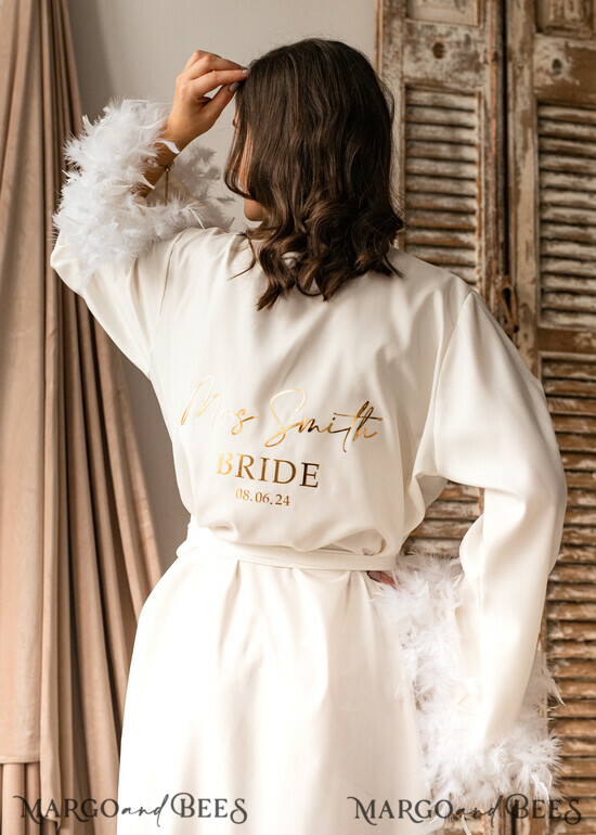 BRIDE bolero, robes, garter Bridal Robes Bridal robe for wedding with wide with feathers sleeves Bride robe Long white or Ivory robe Satin silk boudoir robe Dressing gown 37/NeRM/Robe