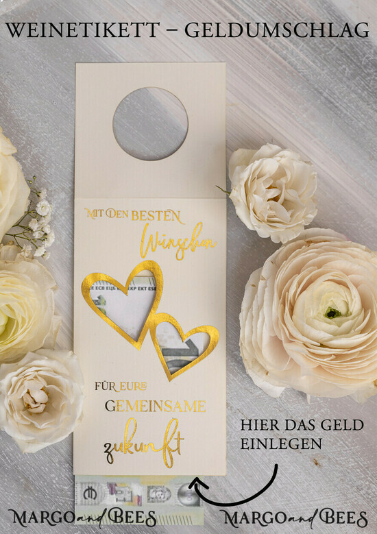 NEWLY WEDS COUPLE GIFTS Geldgeschenk zur Hochzeit Personalisierte Hochzeits-Geschenkbox mit Geldtasche & goldenen Weingläsern 02/Gkl/BBwno