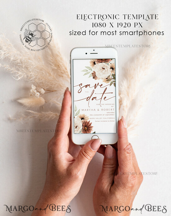 TEMPLETT digital invitation SmartPhone Save the Date Editable Template, Picture Save the Date Evite Template, Personalised Digital Save the Date. Smartphone Electronic Save the Date 38/boho10/stddigital