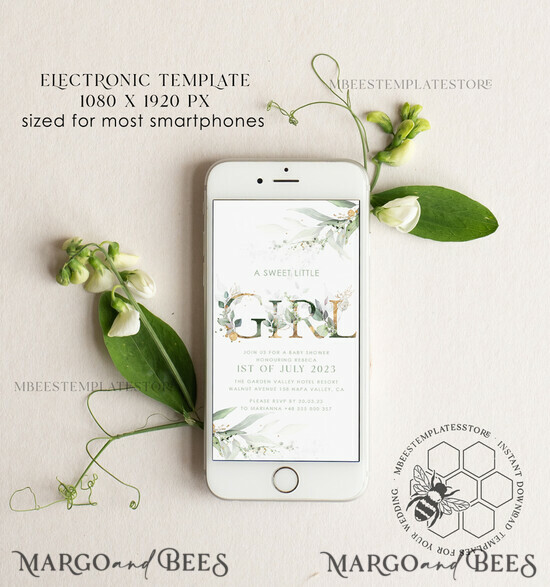 TEMPLETT digital invitation Electronic BaBy Girl Shower Invitation template, SmartPhone BaBy Girl Shower Invitation Editable Template, BaBy Girl Shower Invitation Evite Template, personalised Digital BaBy Girl Shower Invitation. Smartphone Electronic BaBy Girl Shower Invitation 56/greenery/babyshowerdigital