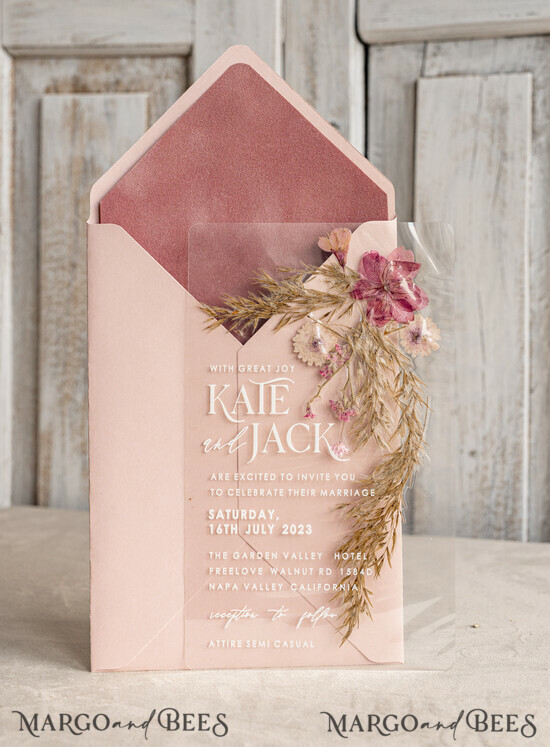 WEDDING INVITATIONS plexi acrylic mirror Blush Pink Clear real flowers Wedding Invitations, Elegant Garden pampass gras Wedding Cards, Velvet transparent Wedding Invites, Wedding Invitation Suite 01/Lam/z