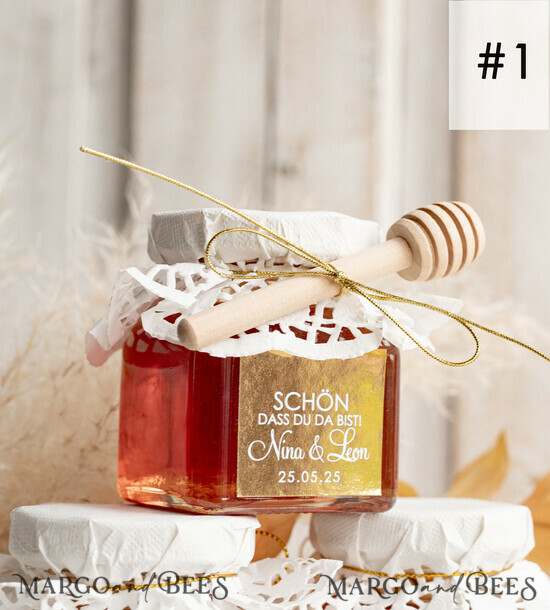 WEDDING FAVORS gastgeschenke hochzeit Personalisierte Gastgeschenkgläser mit Blütenhonig gastgeschenke hochzeit honig, Honiggeschenkglas mit Honig, handgemachte Gastgeschenke zur Hochzeit 01/hgold/MDD
