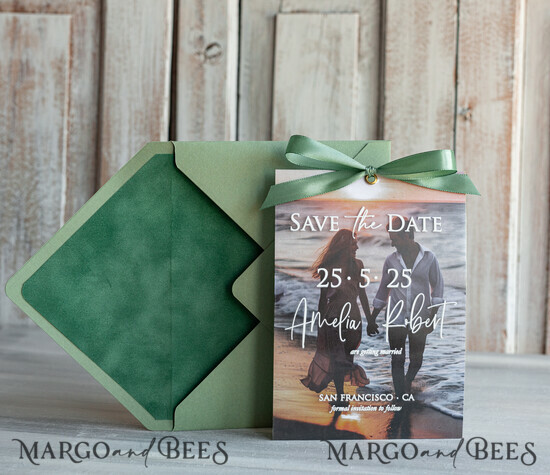 SAVE THE DATES photo vellum plexi Sage Green Velvet Save the Date Cards with Photo, Velvet Save Our Dates with Photo Gold Foil Calendar Cards 05/VelPnkMW/StD