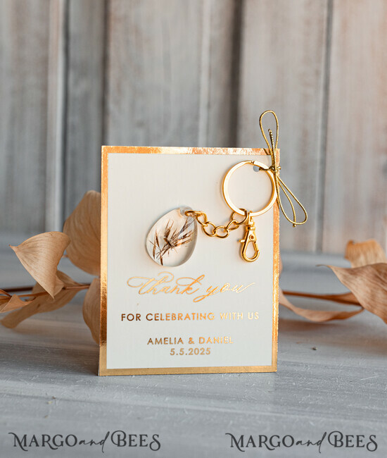 WEDDING FAVORS Resin Custom Resin Keychain Wedding Favors For Guests in bulk Custom Resin boho pampass grass Keychain, Golden personalised Thank you gifts Teardrop Keychain with Gold-Plated Stainless Steel Hardware 02/gldkch/fgK