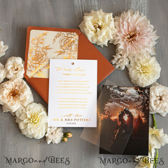 THANK YOU CARDS photo gold vellum plexi Terracotta Plexi Wedding Photo Thank You Cards, Golden Wedding Thank You Cards with Photo, Minimalist Thank You Cards Wedding 02/PlexiGsm/Thcard