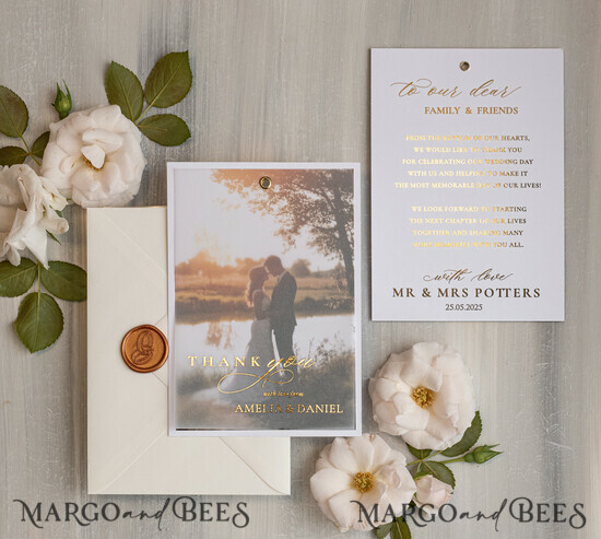THANK YOU CARDS photo gold vellum plexi Printed vellum Wedding Photo Thank You Cards, Modern Wedding Thank You Cards with Photo, Minimalist Thank You Cards Wedding 03/VelMgld/Thcard