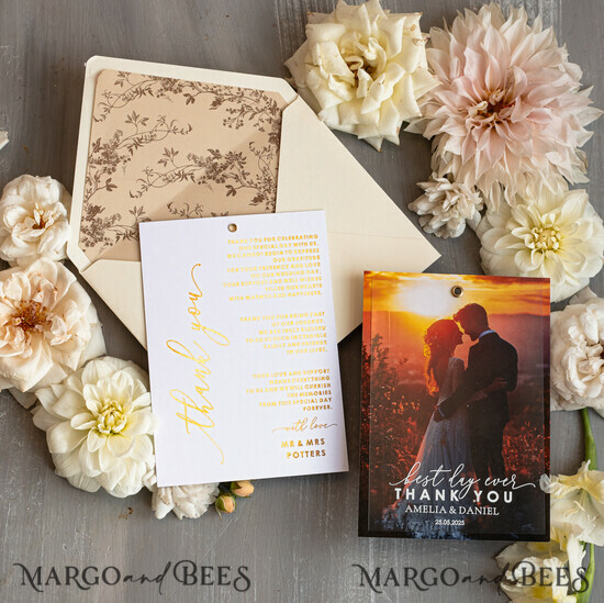 THANK YOU CARDS photo gold vellum plexi Plexi Wedding Photo Thank You Cards, Golden Wedding Thank You Cards with Photo, Minimalist Thank You Cards Wedding 01/PlexiGsm/Thcard