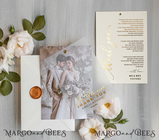 THANK YOU CARDS photo gold vellum plexi Printed vellum Wedding Photo Thank You Cards, Modern Wedding Thank You Cards with Photo, Minimalist Thank You Cards Wedding 02/VelMgld/Thcard