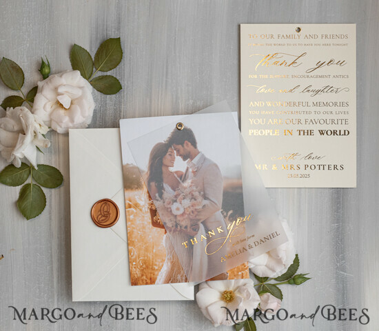 THANK YOU CARDS photo gold vellum plexi Printed vellum Wedding Photo Thank You Cards, Modern Wedding Thank You Cards with Photo, Minimalist Thank You Cards Wedding 04/VelMgld/Thcard