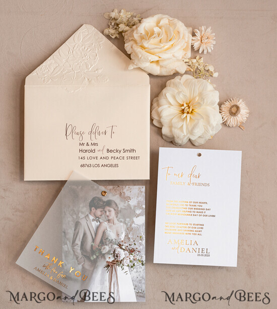 THANK YOU CARDS photo gold vellum plexi vellum Wedding Photo Thank You Cards, Embossed Wedding Thank You Cards with Photo, Minimalist Thank You Cards Wedding 06/VelMgld/Thcard