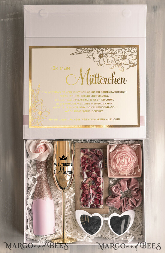 Geschenke zum Muttertag Geschenkset Entspannung Geschenkidee zum Muttertag – Geschenkbox mit Blumen, Rosé Sekt, Herzbrille & Champagnerglas für Mama 01/klszmpP/BMaDE