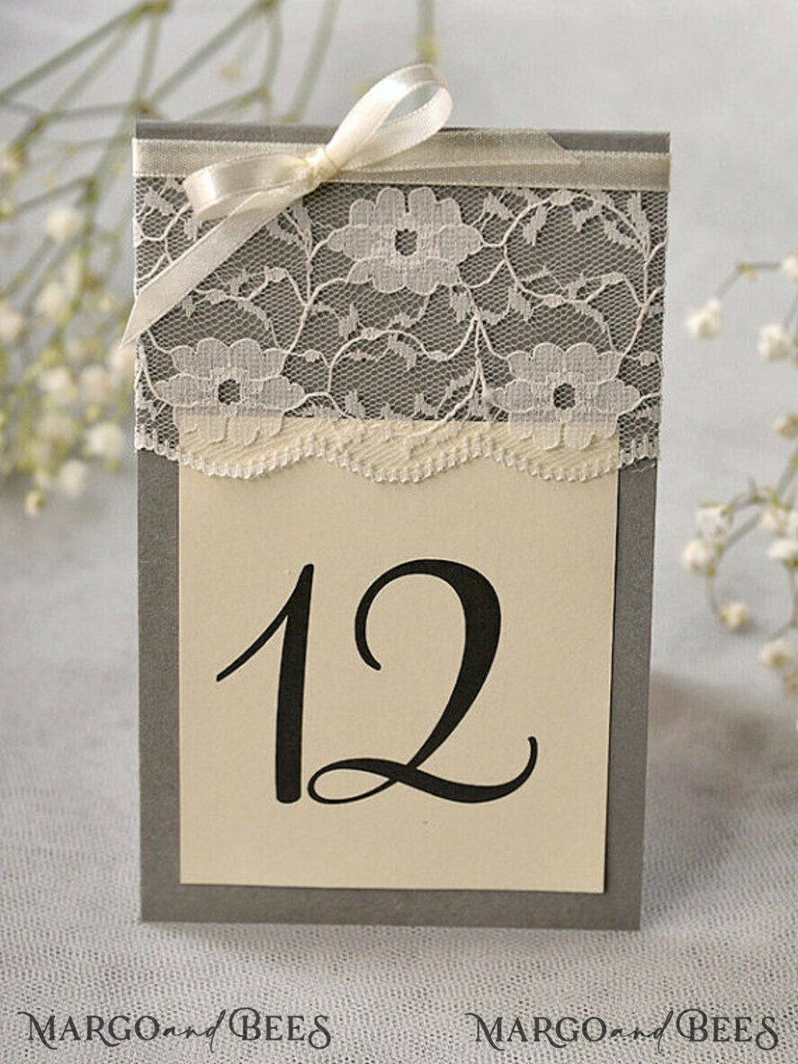 TABLE DECOR SIGNS romantic Romantic Wedding Table Numbers with Ecru Ribbon, Vintage Lace Custom Table Sign, Light Grey & Ivory Shabby Chic Wedding Table Décor,Editable Rustic Table Number