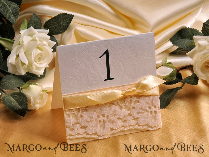 TABLE DECOR SIGNS romantic Romantic Wedding Table Numbers with Ecru Ribbon, Glamour Vintage Lace Wedding Table Cards, Elegant Handmade Editable Custom Cards, Simple Delicate Wedding Signs