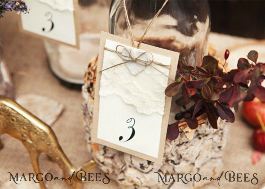 TABLE DECOR SIGNS romantic Rustic Wedding Table Numbers with Burlap Twine, Barn Wedding Table Cards, Handmade Eco Romantic Ecru Personalized Cards, Simple Rustic Lace Wedding Table Décor