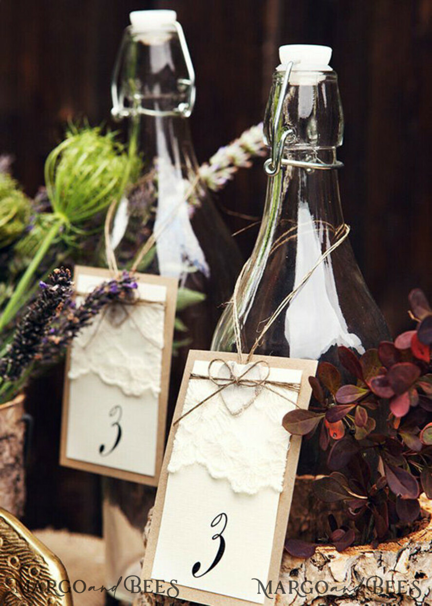 TABLE DECOR SIGNS romantic Rustic Wedding Table Numbers with Burlap Twine, Barn Wedding Table Cards, Handmade Eco Romantic Ecru Personalized Cards, Simple Rustic Lace Wedding Table Décor