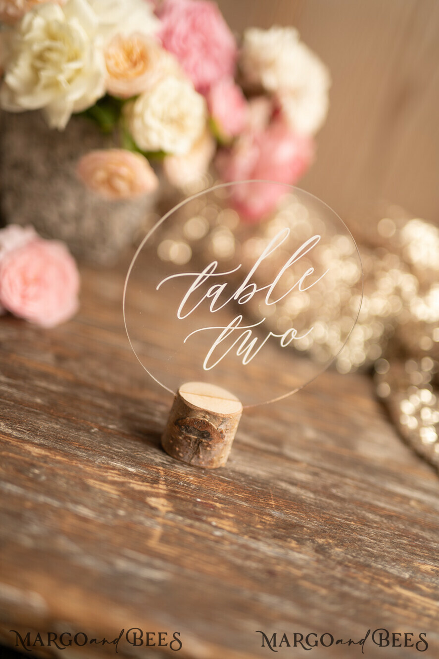 TABLE DECOR SIGNS romantic Elegant Round Acrylic Table Numbers, Clear Acrylic And White Table Sign With Stand, Luxury Wedding Table Décor, Custom Wedding Signage Transparent Table Numbers