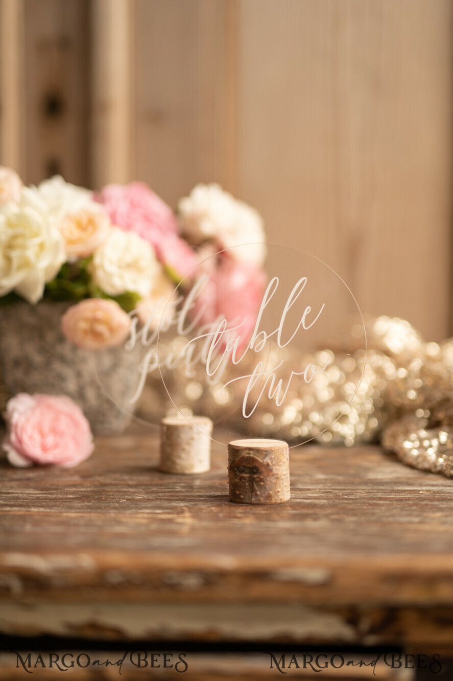 TABLE DECOR SIGNS romantic Elegant Round Acrylic Table Numbers, Clear Acrylic And White Table Sign With Stand, Luxury Wedding Table Décor, Custom Wedding Signage Transparent Table Numbers