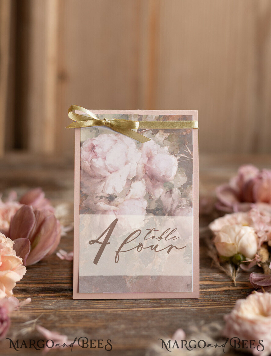 TABLE DECOR SIGNS romantic Floral Boho Classic Table Number, Golden Ribbon Luxury Romantic Wedding Table Number, Elegant Vintage Oil Paint Flowers, Handmade Gorgeous Blush Table Number