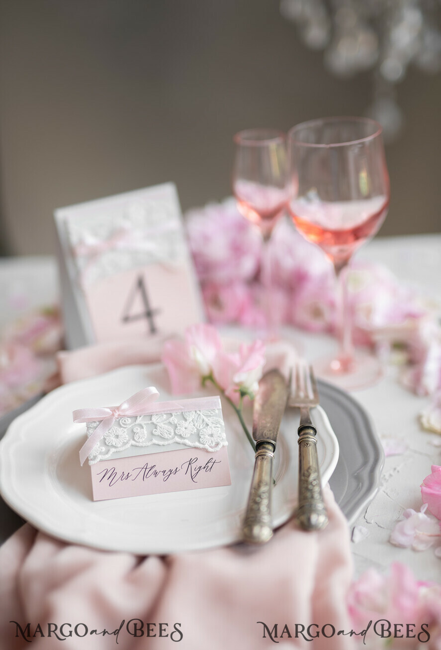 TABLE DECOR SIGNS romantic Romantic Rustic Wedding Table Number with Pink Ribbon, Vintage Lace Custom Table Cards, Light Grey and Blush Pink Shabby Chic Wedding Table Décor, Editable Text