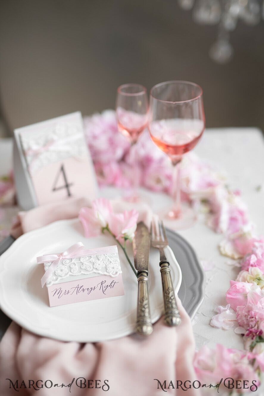 TABLE DECOR SIGNS romantic Romantic Rustic Wedding Table Number with Pink Ribbon, Vintage Lace Custom Table Cards, Light Grey and Blush Pink Shabby Chic Wedding Table Décor, Editable Text