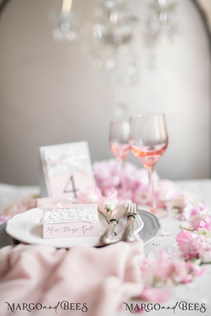 TABLE DECOR SIGNS romantic Romantic Rustic Wedding Table Number with Pink Ribbon, Vintage Lace Custom Table Cards, Light Grey and Blush Pink Shabby Chic Wedding Table Décor, Editable Text