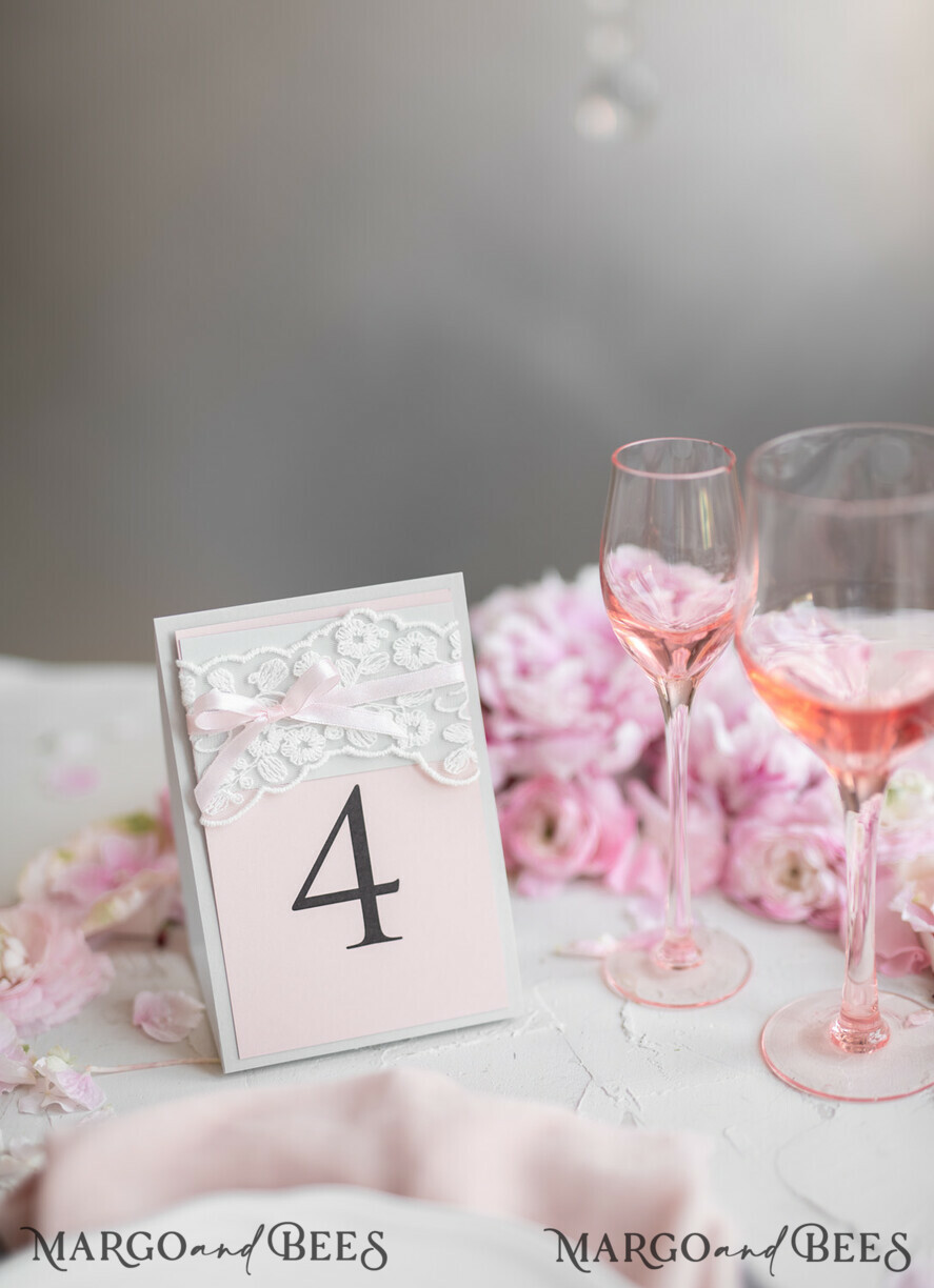 TABLE DECOR SIGNS romantic Romantic Rustic Wedding Table Number with Pink Ribbon, Vintage Lace Custom Table Cards, Light Grey and Blush Pink Shabby Chic Wedding Table Décor, Editable Text