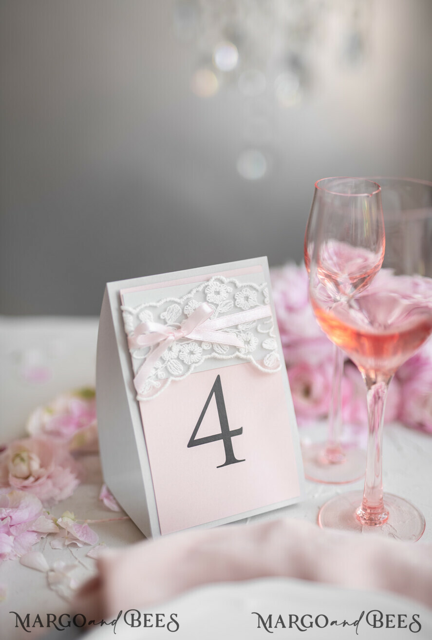 TABLE DECOR SIGNS romantic Romantic Rustic Wedding Table Number with Pink Ribbon, Vintage Lace Custom Table Cards, Light Grey and Blush Pink Shabby Chic Wedding Table Décor, Editable Text