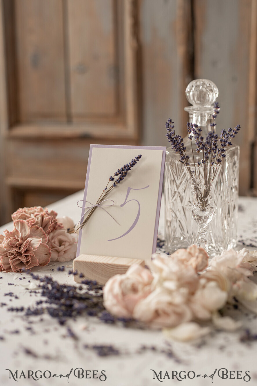 TABLE DECOR SIGNS romantic Delicate Lilac Wedding Table Numbers with Purple Twine, Handmade Ivory And Purple Wedding Table Cards With Lavender, Custom Boho Floral Wedding Table Décor