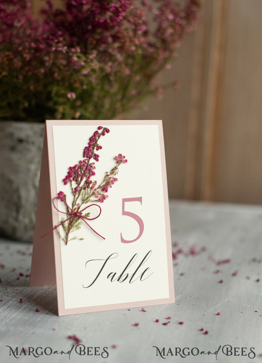 TABLE DECOR SIGNS romantic Romantic Ecru and Blush Pink Wedding Table Numbers, Custom Elegant Ivory Table Cards With Twine And Heather, Handmade Delicate Minimalistic Wedding Table Décor