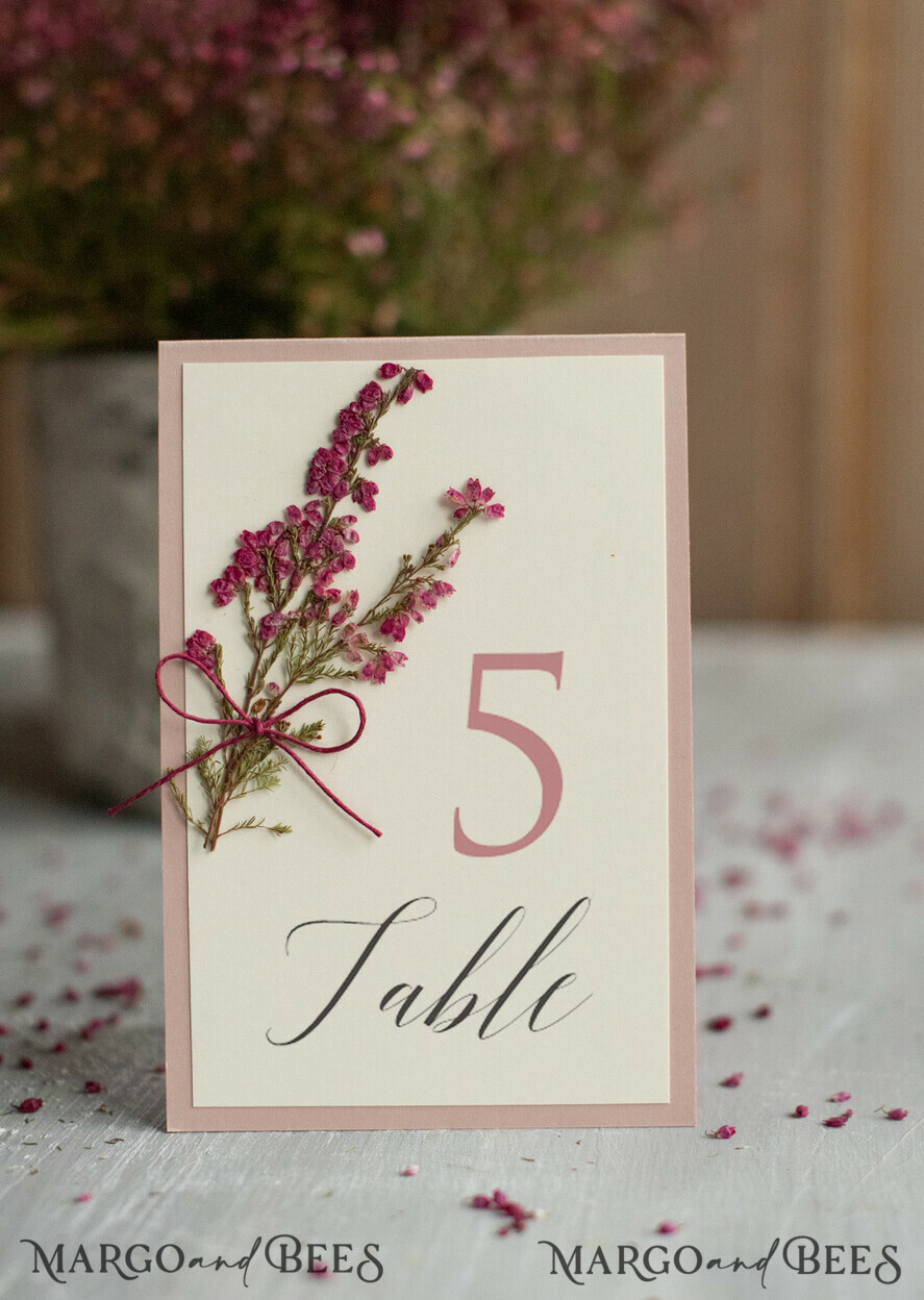 TABLE DECOR SIGNS romantic Romantic Ecru and Blush Pink Wedding Table Numbers, Custom Elegant Ivory Table Cards With Twine And Heather, Handmade Delicate Minimalistic Wedding Table Décor