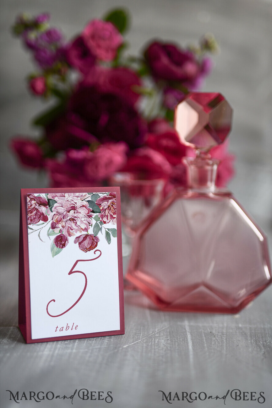 TABLE DECOR SIGNS romantic Romantic White And Red Wedding Table Numbers, Elegant Handmade Floral Wedding Décor, Custom Minimalistic White Table Cards, Luxury Marsala Wedding Table Signs