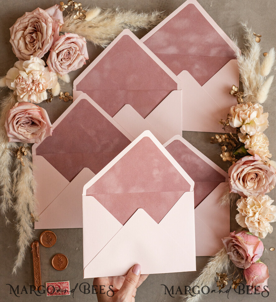 WEDDING INVITATIONS Velvet Envelopes blush pink envelopes for invitations with velvet liners, a7 handmade Envelopes with velvet liner for Wedding cards