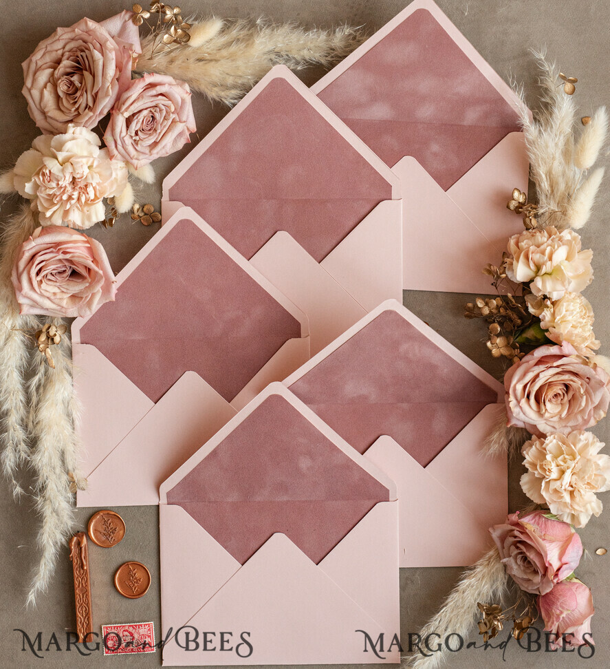 WEDDING INVITATIONS Velvet Envelopes blush pink envelopes for invitations with velvet liners, a7 handmade Envelopes with velvet liner for Wedding cards