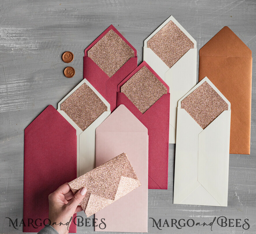 WEDDING INVITATIONS Velvet Envelopes Custom colors Long DL envelopes for invitations with glitter liners, DL handmade Envelopes with rose gold liner for Wedding cards