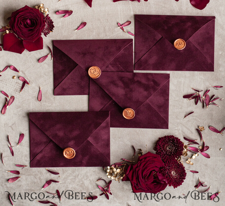 WEDDING INVITATIONS Velvet Envelopes Maroon Velvet envelopes for invitations, Marsala Velvet handmade Envelopes with liner for Wedding cards