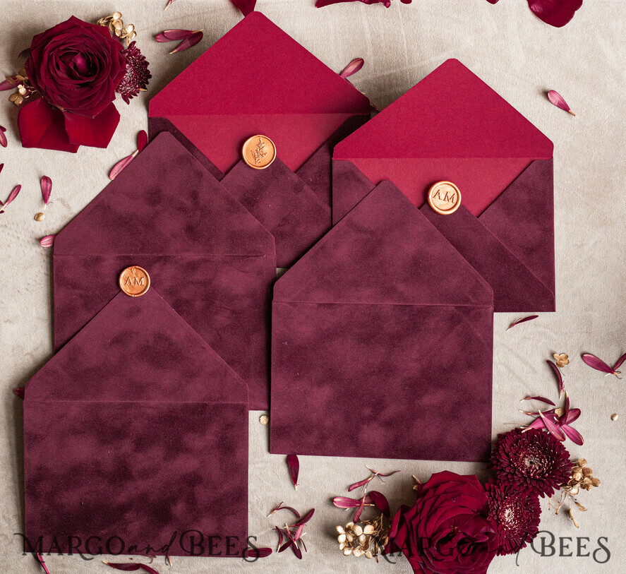 WEDDING INVITATIONS Velvet Envelopes Maroon Velvet envelopes for invitations, Marsala Velvet handmade Envelopes with liner for Wedding cards