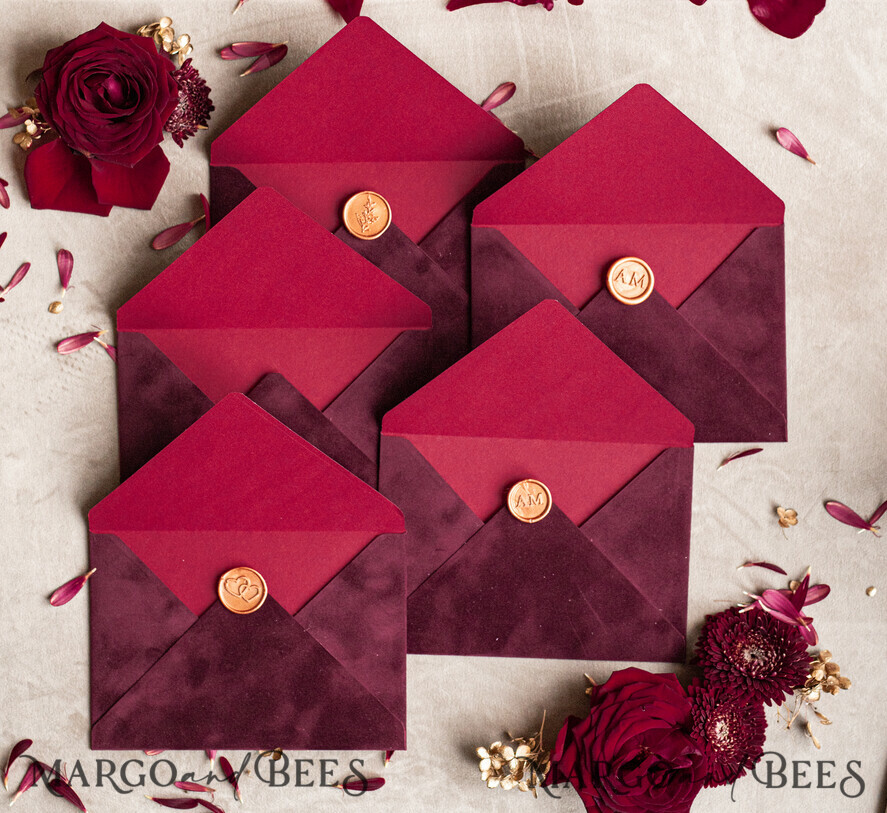 WEDDING INVITATIONS Velvet Envelopes Maroon Velvet envelopes for invitations, Marsala Velvet handmade Envelopes with liner for Wedding cards