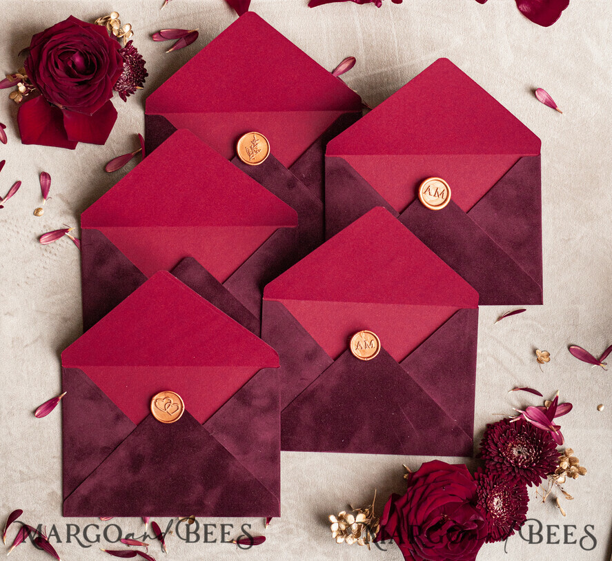 WEDDING INVITATIONS Velvet Envelopes Maroon Velvet envelopes for invitations, Marsala Velvet handmade Envelopes with liner for Wedding cards