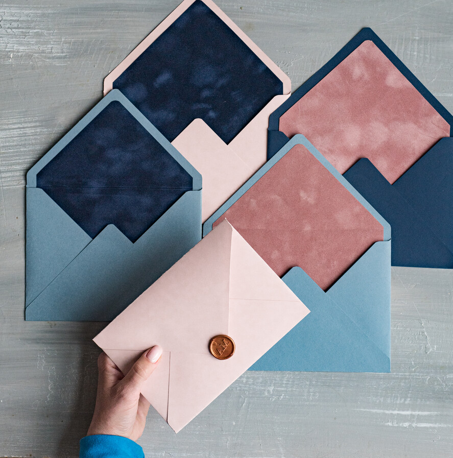 WEDDING INVITATIONS Velvet Envelopes custom mix colors envelopes for invitations with velvet liners, a7 handmade Envelopes with velvet liner for Wedding cards