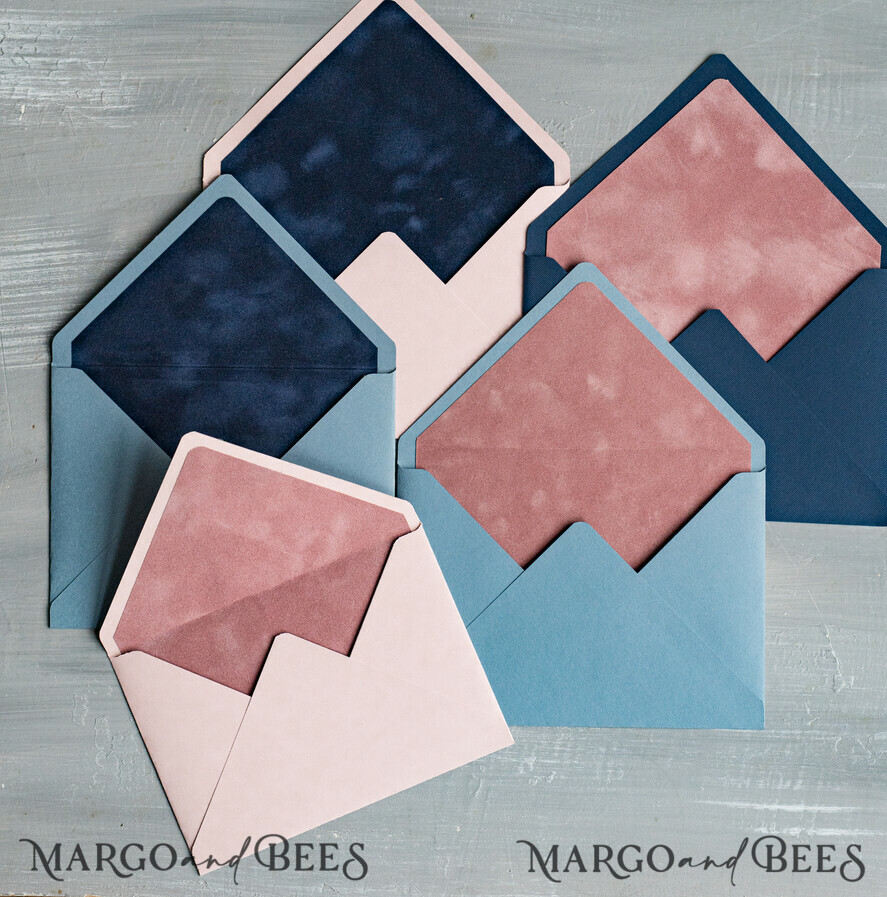 WEDDING INVITATIONS Velvet Envelopes custom mix colors envelopes for invitations with velvet liners, a7 handmade Envelopes with velvet liner for Wedding cards
