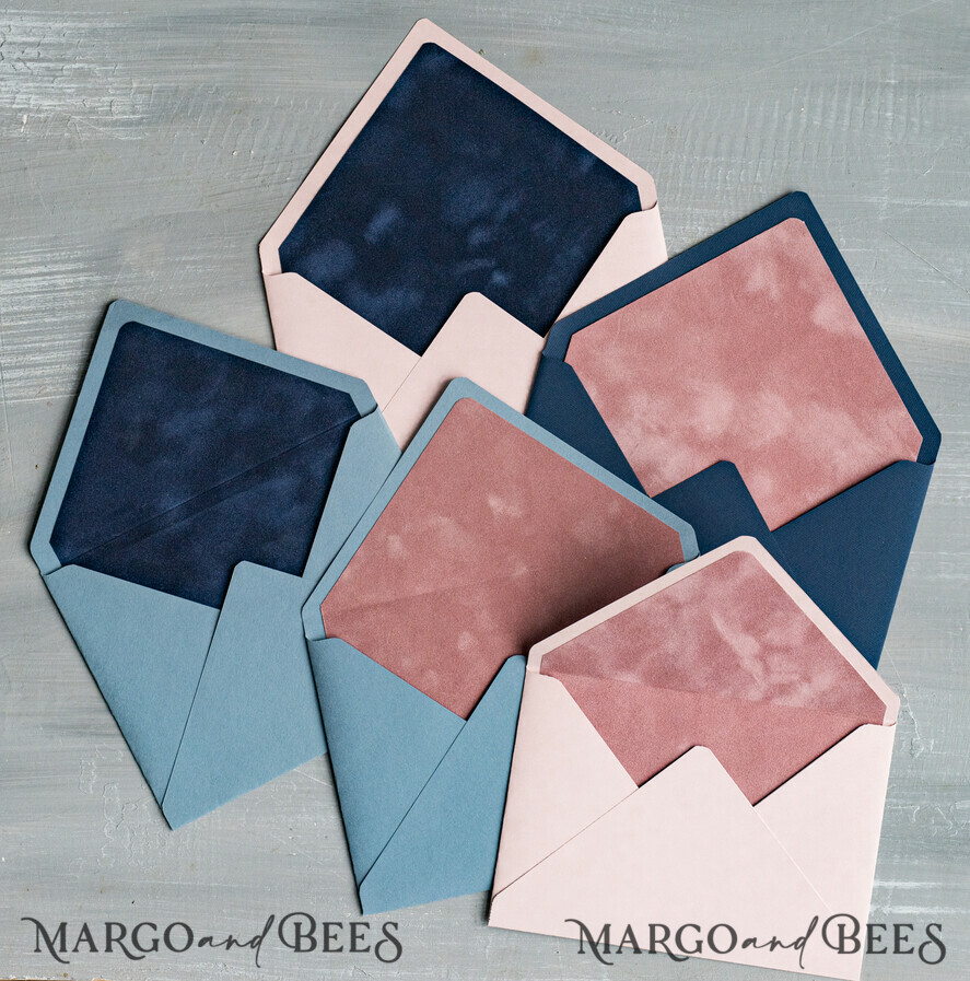 WEDDING INVITATIONS Velvet Envelopes custom mix colors envelopes for invitations with velvet liners, a7 handmade Envelopes with velvet liner for Wedding cards