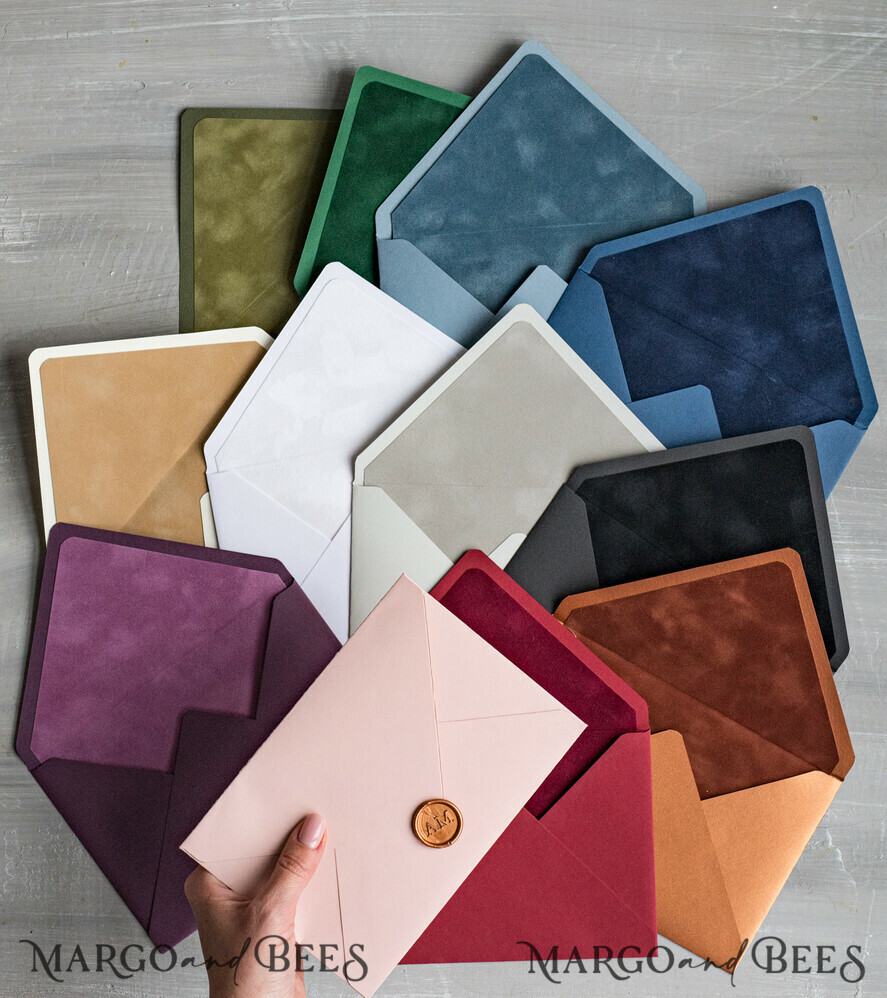 WEDDING INVITATIONS Velvet Envelopes custom colors envelopes for invitations with velvet liners, a7 handmade Envelopes with velvet liner for Wedding cards