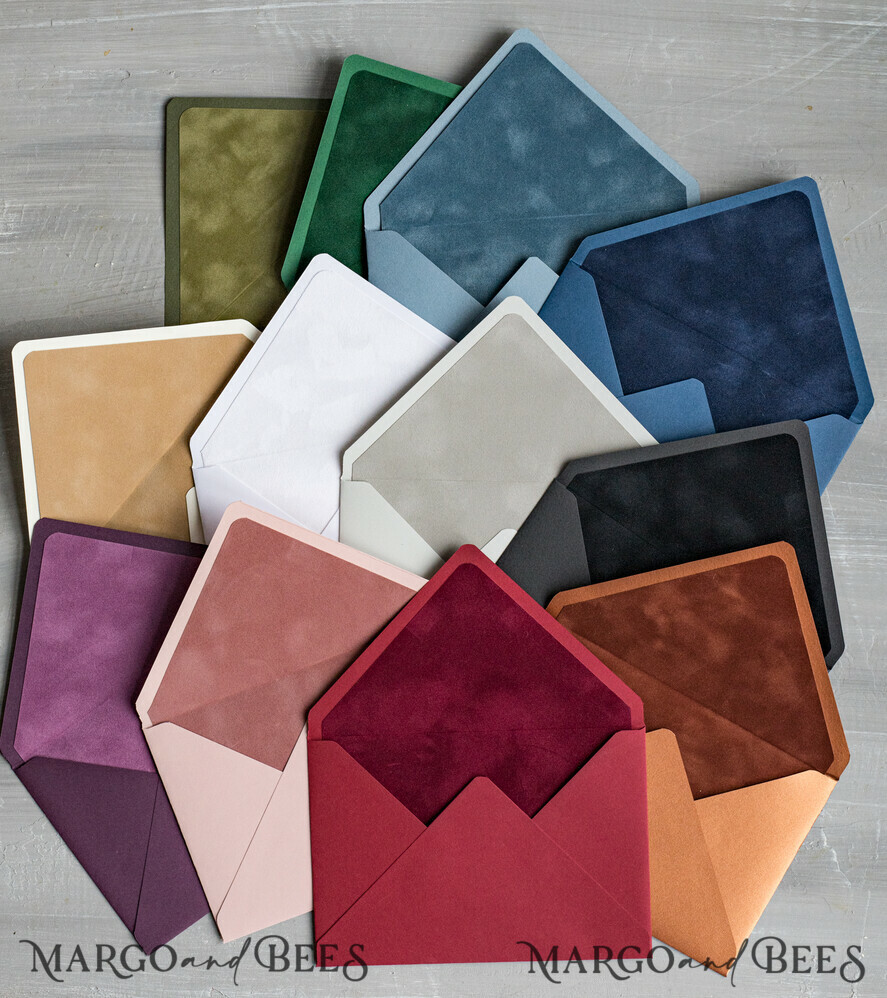 WEDDING INVITATIONS Velvet Envelopes custom colors envelopes for invitations with velvet liners, a7 handmade Envelopes with velvet liner for Wedding cards