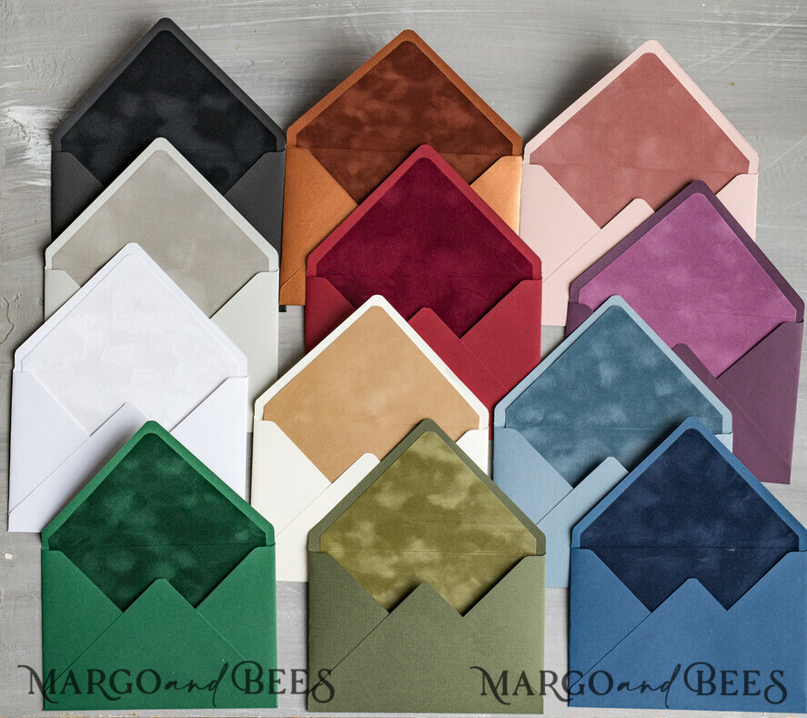 WEDDING INVITATIONS Velvet Envelopes custom colors envelopes for invitations with velvet liners, a7 handmade Envelopes with velvet liner for Wedding cards