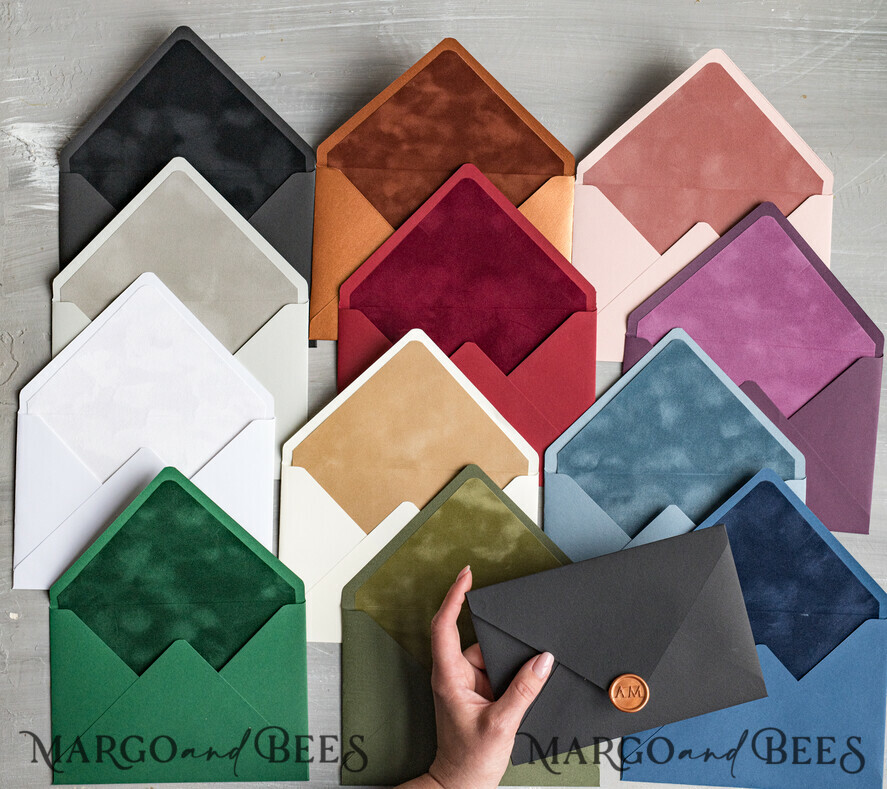 WEDDING INVITATIONS Velvet Envelopes custom colors envelopes for invitations with velvet liners, a7 handmade Envelopes with velvet liner for Wedding cards